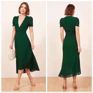 Reformation Dane Short Sleeve Midi Dark Dress in Green Size XS